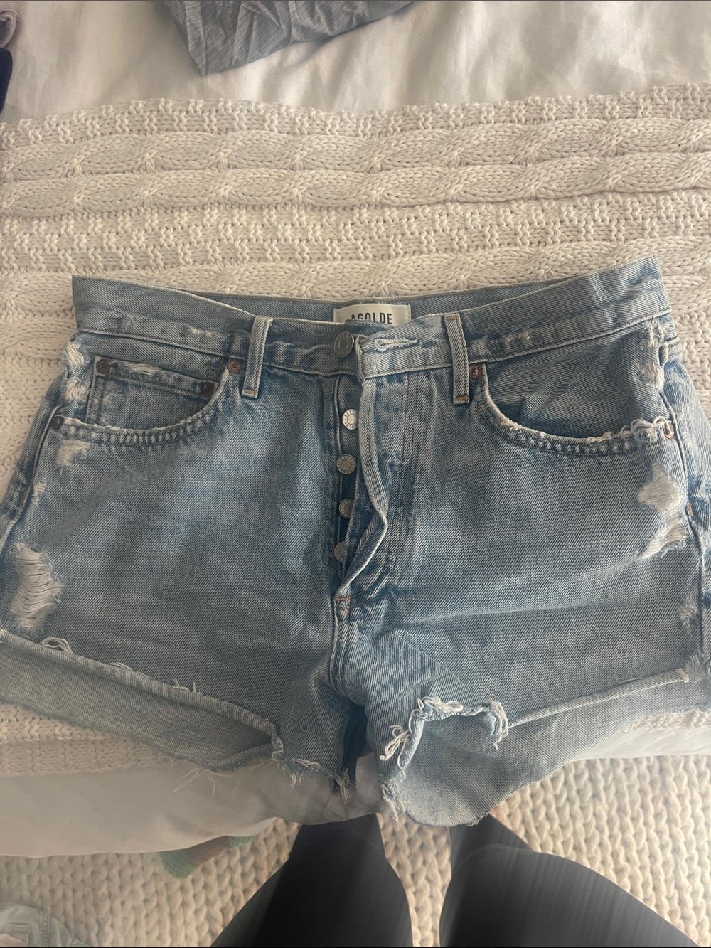 Agolde Faded Light Blue Distressed High-Rise Denim Shorts
